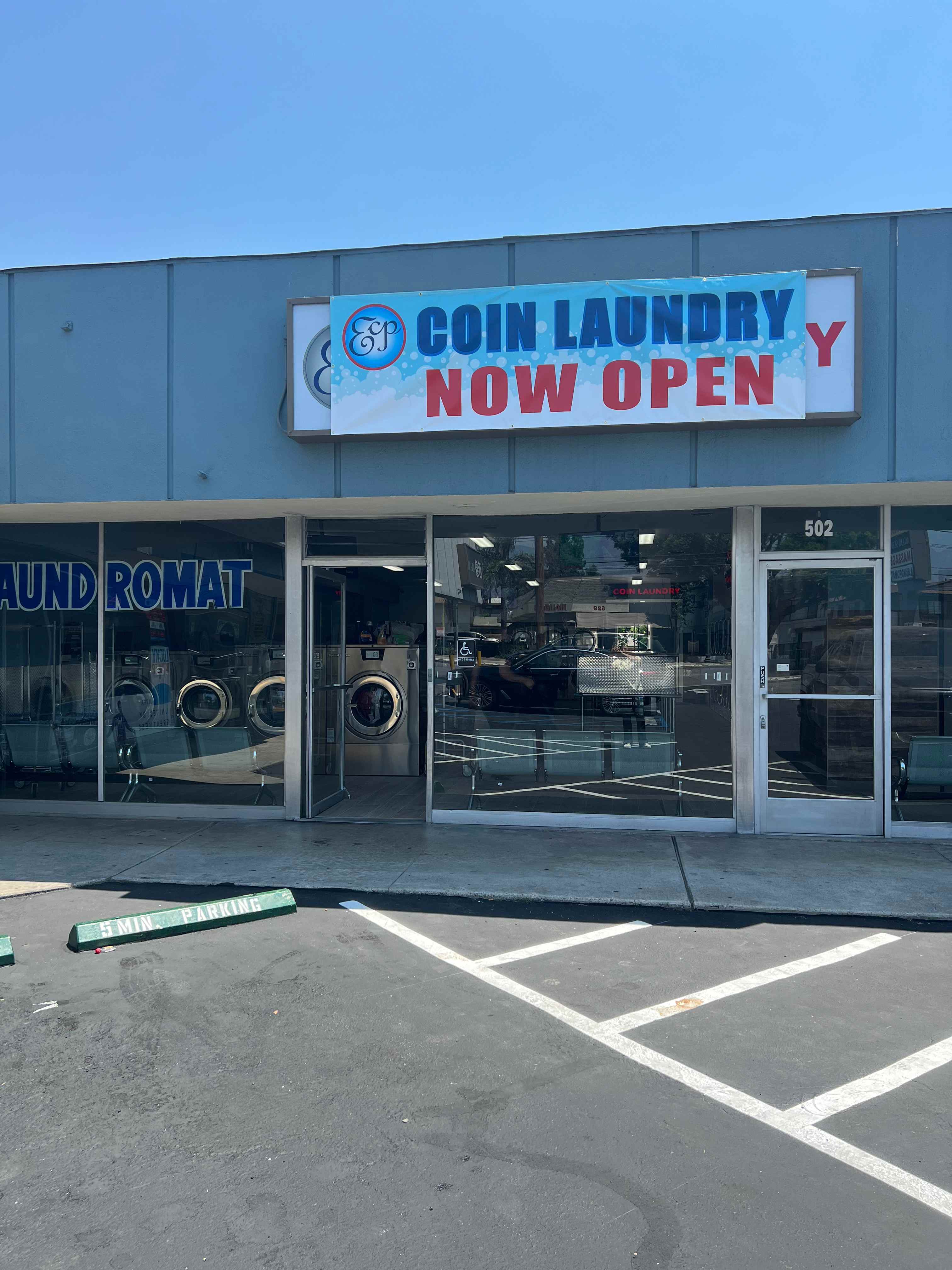 ECP Coin Laundry Arcadia Location exterior showing modern storefront with large windows and professional signage at 502 E Live Oak Ave